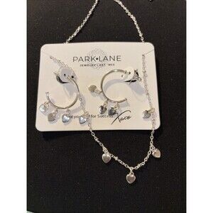 New Park Lane Necklace And Earrings Set Silver Tone Hoops With Hearts